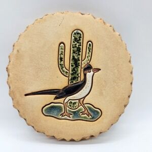 Southwestern Roadrunner Saguaro Clay Tile Signed Nan Groves Scalloped Edge 5.25"